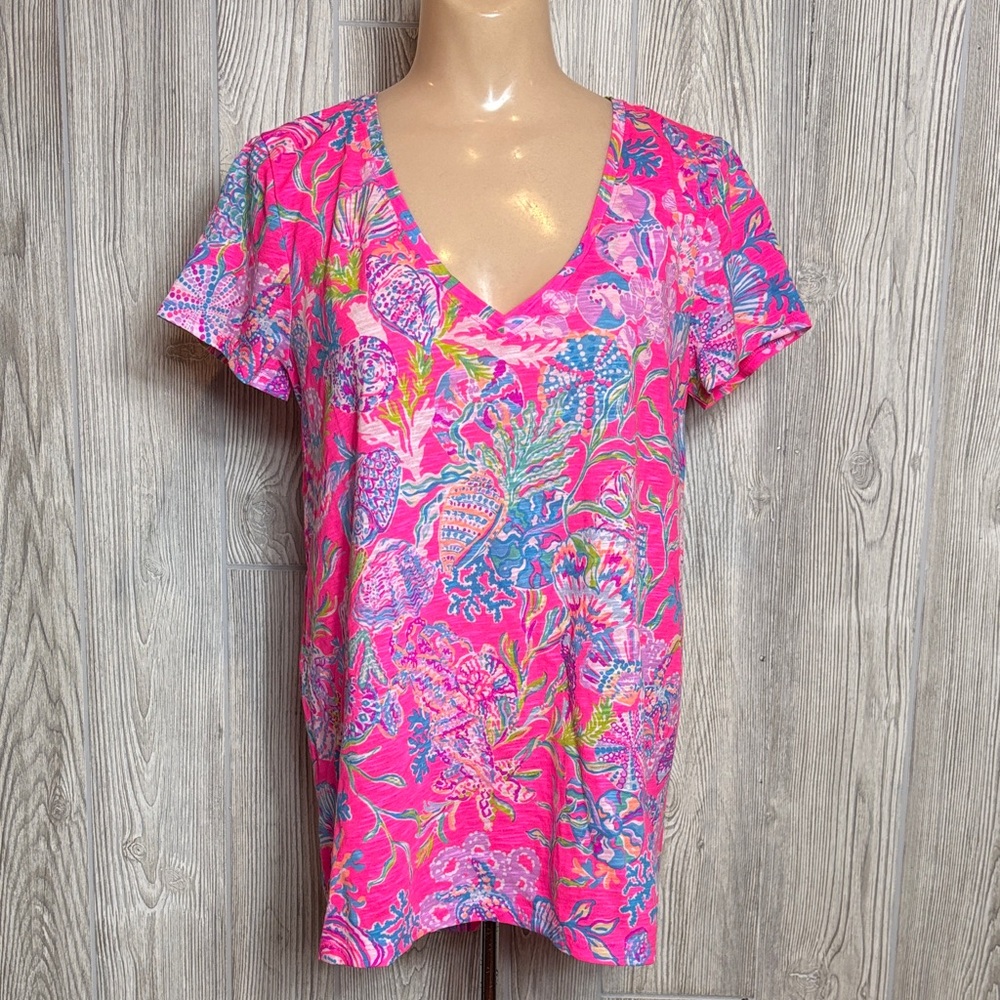 Lilly Pulitzer NWT Etta V-Neck Pink Isle Shell Me Something Good Top- Size S